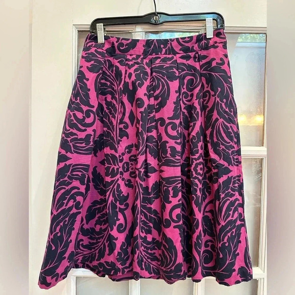 Boden A-Line Sophia Pleated Knee Length Purple Navy Damask  Skirt Size 6L Long - Picture 10 of 10